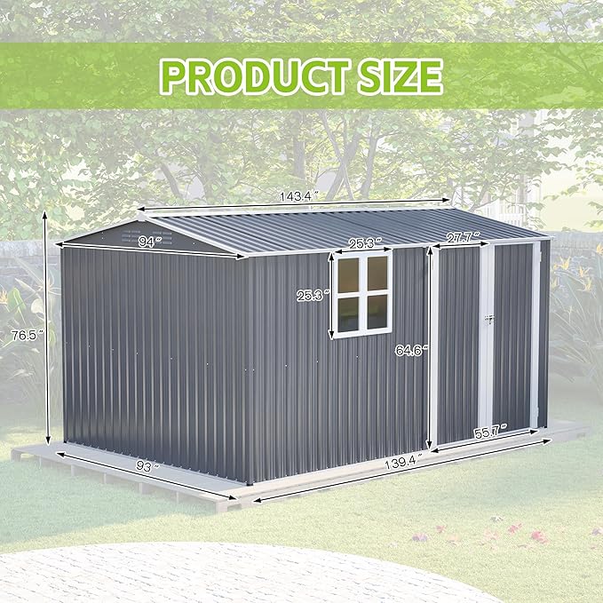 8x12FT Outdoor Storage Shed,XL Heavy-Duty Metal Shed W/Window & Floor Frame,Garden Tool House W/ 4 Air Vents,Dual Sliding Hinged Door & Sloped Roof,for Backyard,Patio,Lawn,Grey