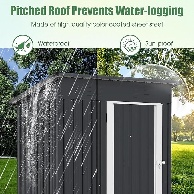 Goplus 5 x 3 FT Outdoor Storage Shed, Galvanized Metal Tool House w/Sloped Roof, 2 Vents, Lockable Door, Waterproof & Windproof Utility Tool Organizer for Garden, Backyard, Lawn, Patio, Gray