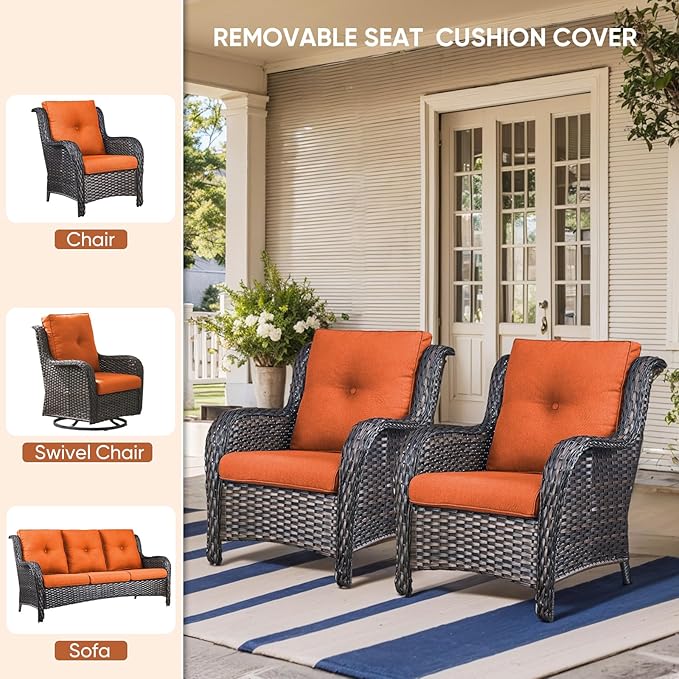 9-Piece Outdoor Patio Cushion Set - Fade & Water Resistant with Removable Olefin Cover, 22x24x4 Inch Memory Foam Cushions for Wicker Sectional Sofa – Orange/Buckle