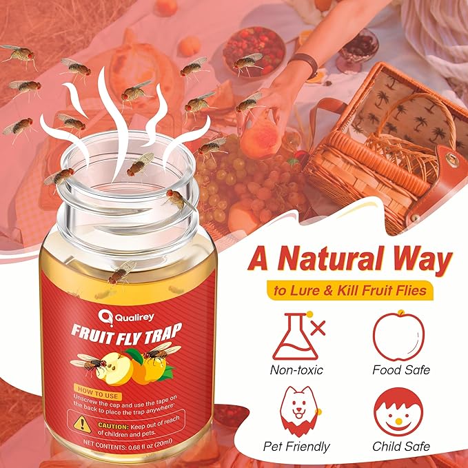 Qualirey 6 Pack Fruit Fly Traps for Indoors, Fruit Fly Killer and Catcher, Trap Refill Liquid for Home & Kitchen, Non Toxic Safe Near Food, Effective Lure Refill for Indoor Use