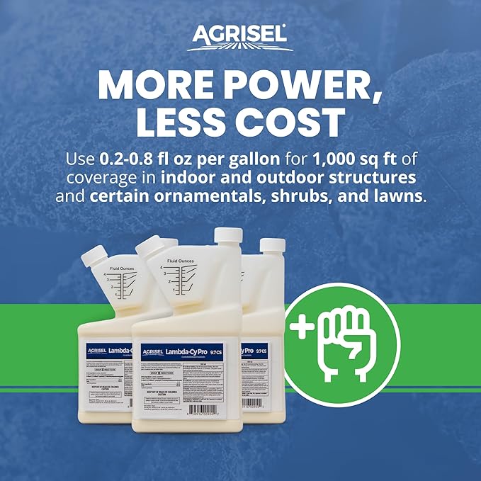 Lambda-Cy Pro 9.7 CS Insect/Pest Control Safe for Poultry Houses, Residential & Commercial, Effective Against 55 Pests, Outdoor/Indoor, Includes 3-Pack of Agrisel Protective Gloves, 32 Ounces