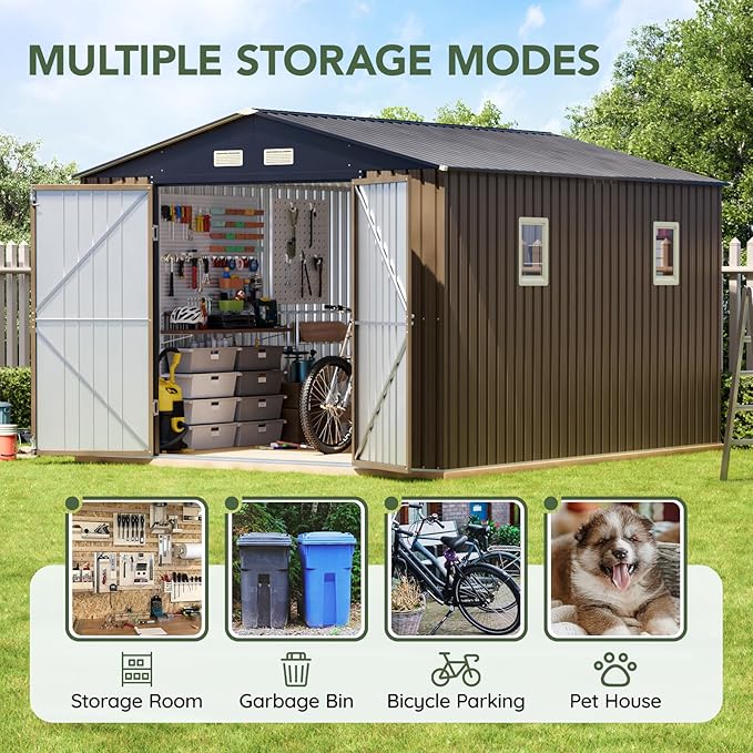 10x10 FT Outdoor Metal Storage Shed with Floor Frame, Double Swing Doors, 2 Clear Windows,Tool Shed for Garden, Patio, Backyard Brown