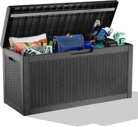 ROJIK Outdoor Storage Housing Deck Box,Waterproof Patio Furniture, Garden Tools, Cushions, Pool Accessories Storage Bench with Lockable Lid and Side Handles (Black,60 Gallon)