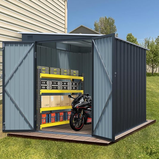6x8 FT Lean to Shed with Lockable Double Doors, Metal Outdoor Storage Shed with Free PC Light Board for Tools, Outside Storage Shed Waterproof for Backyard, Garden, Patio