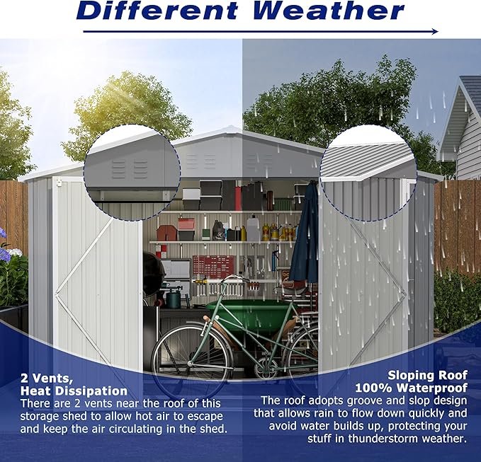 8×12 FT Storage Shed with 1 Lockable Door and Vents,Metal Aluminum Waterproof Tool Sheds,Heavy-Duty Sheds Unit W/Floor Frame,Lock & Key,Garden Shed for Storing Bicycles,Barbeques,Gray