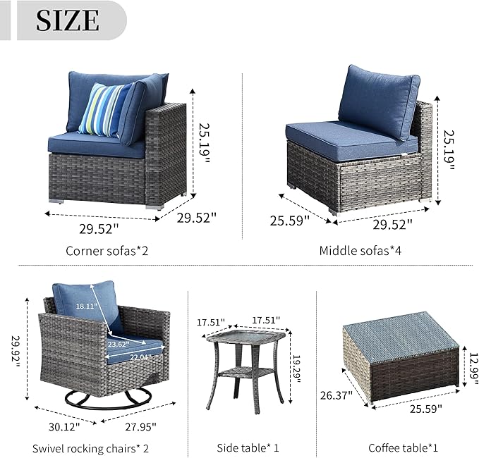 HOOOWOOO 10 Piece Patio Sectional Furniture Set with Swivel Rocking Chairs,Modern Wicker Outdoor Conversation Sofa Sets,Weather Resistant Modular L Shaped Outside Couch Set(Denime Blue)
