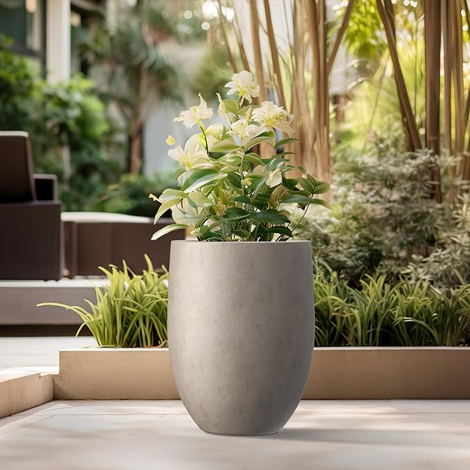 Kante 21.7" H Buff Concrete Tall Planter, Large Outdoor Indoor Decorative Pot with Drainage Hole and Rubber Plug, Modern Round Style for Home and Garden