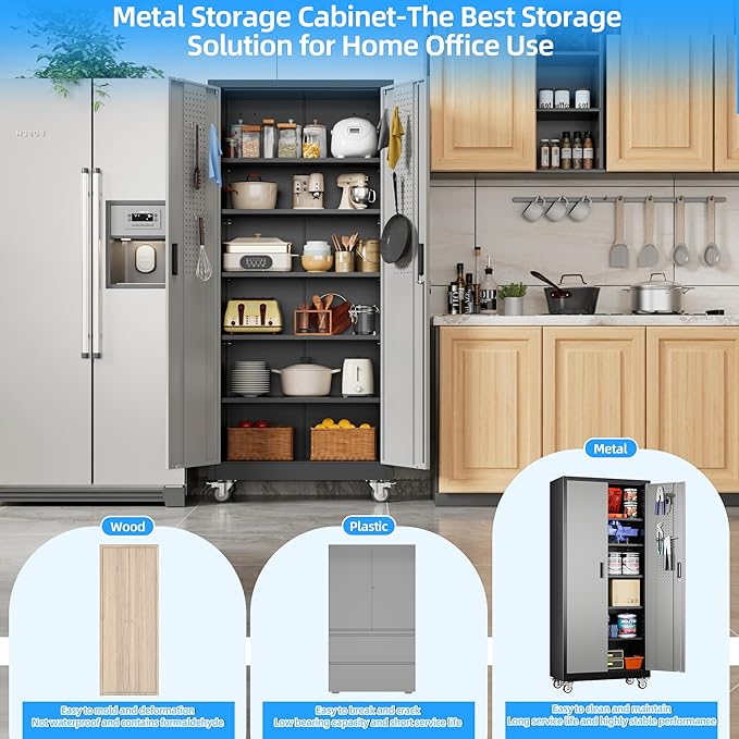 71"H×32"W×16"D Rolling Tool Storage Cabinet with 5 Adjustable Shelves and Pegboard,Metal Garage Storage Cabinet with Wheels for Garage Home Office Utility Room,Required Assembly, Black and Dark Grey