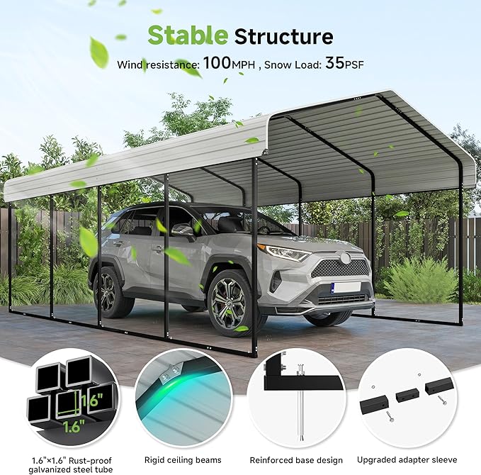 Real Relax 12x20ft Metal Carport, Heavy Duty Garage Outdoor Galvanized Car Shelter Canopy with Metal Frame for Car, Boats and Truck, Cream White