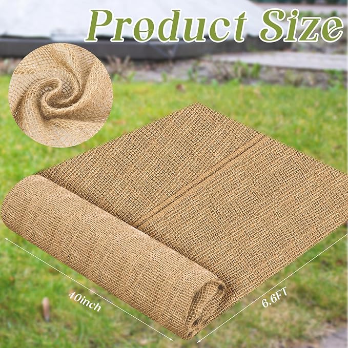 Buryeah 40 Inch x 6.6 ft Burlap Fabrics Roll Natural Jute Burlap Garden Tree Wrap Outdoor Weed Barrier DIY Fall Halloween Craft Winter Frost Plant Landscape Blankets Cloth for Plant Gardening Shrubs