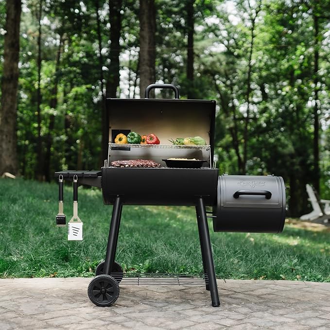 Char-Griller®Smokin Pro Charcoal Grill and Offset Smoker with Side Fire Box, Dual Damper Control, Chrome Plated Steel Warming Rack, 1,130 Cooking Square Inches in Black, Model CG30044223