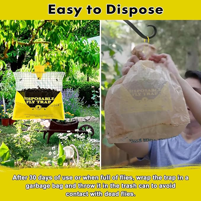 Glovv Fly Traps Outdoor Hanging with Bait, 12 Pack Disposable Flies Bags Hunter Ranch Trap, Control Bug Catcher Killer Repellent for Stable Horse Barn & Farm