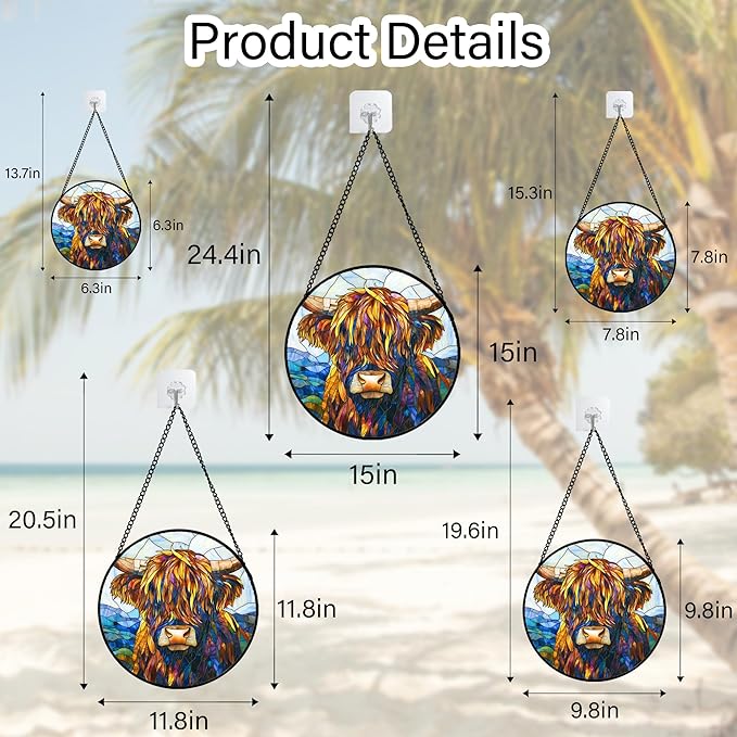 Stained Glass Window Hanging - Highland Cattle Suncatcher for Door Terrace Garden Home Decor Western Style Brown Cow Sun Catcher Birthday Gifts for Lovers Women Men Dad Mom Nana 6.3 in