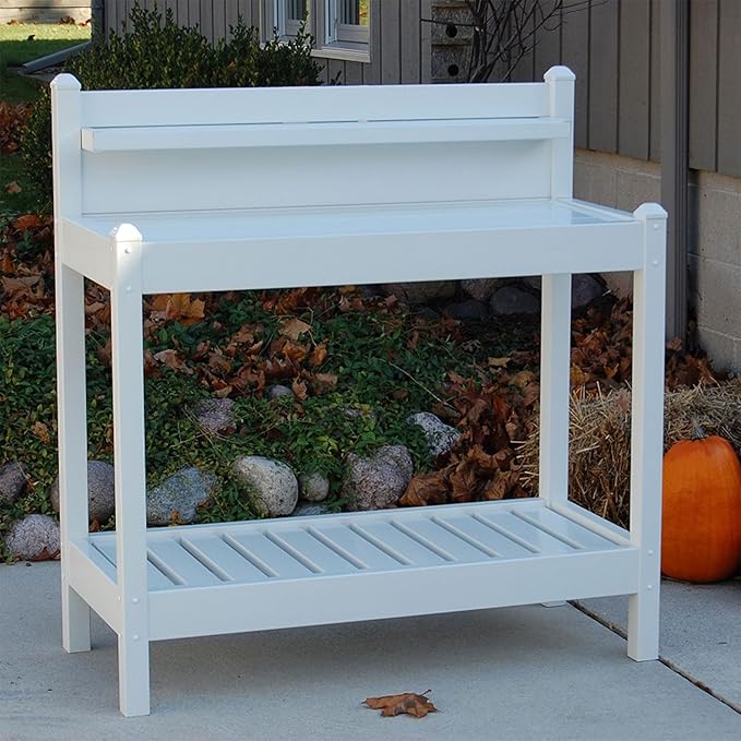 DuraTrel Greenfield PVC Vinyl Indoor Outdoor Table Potting Bench Station with Shelf for Plant Accessories & Gardening Supplies Storage, White