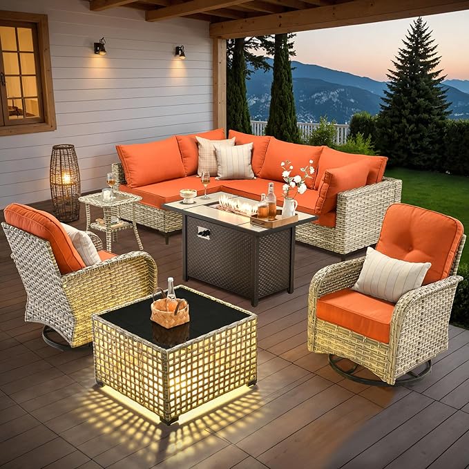 Outdoor Sectional Patio Furniture Set with Swivel Rocking Chairs,9 Pieces Wicker Conversation Sets L Shaped Couch Out Door Sofa Set Outside Furniture for Garden Deck Yard Porch,Red
