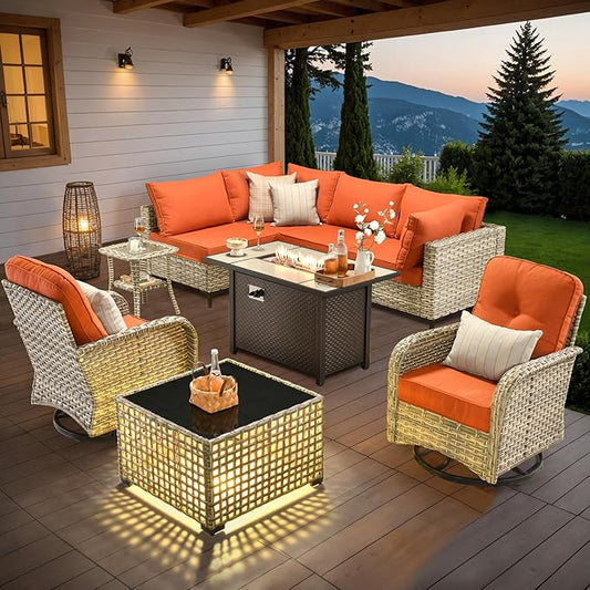 Outdoor Sectional Patio Furniture Set with Swivel Rocking Chairs,9 Pieces Wicker Conversation Sets L Shaped Couch Out Door Sofa Set Outside Furniture for Garden Deck Yard Porch,Red