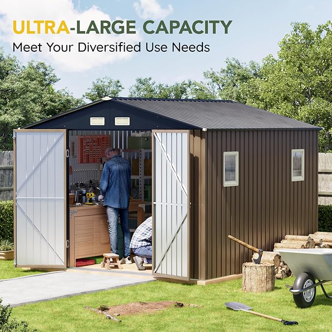 Breezz Outdoor Storage Shed 10 x 10ft. Utility Tool Shed Metal Storage Garden Shed with Lockable Doors, Windows & Metal Frame Floor for Patio Storage,Brown