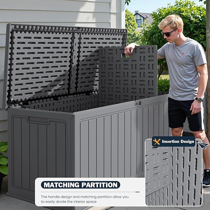 Greesum 260 Gallon HDPE Outdoor Storage Box - Waterproof, Large Capacity Deck Box with Removable Dividers for Patio, Yard, Garden Tools, Light Grey
