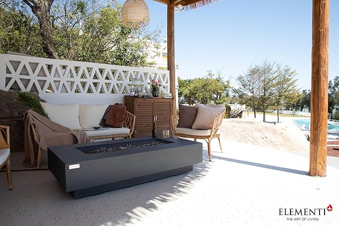 Elementi+ | Bundle Positano Gas Fire Pit Cast Concrete 60" Rectangular Fire Table, Outdoor Fire Pit Electronic Ignition | Canvas Cover, Fire Glass and Burner Lid Included | Dark Gray | Propane Gas