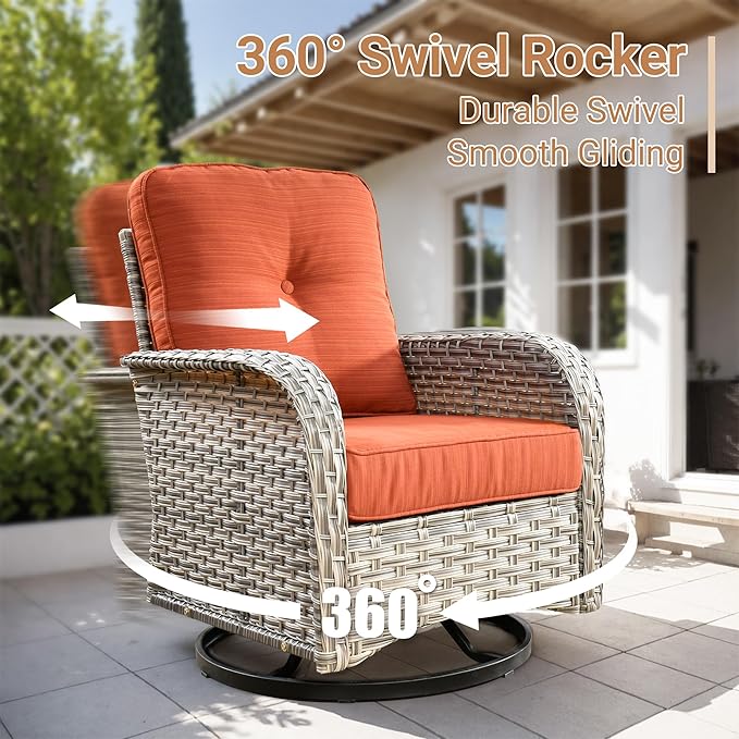 HOOOWOOO Outdoor Patio Furniture Set with Fire Pit Table,9 Pieces Wicker Out Door Sectional Furniture L Shaped Couch,Outside Patio Conversation Sets Swivel Chair,Brick Red