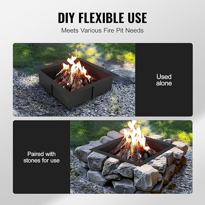 VEVOR Fire Pit Ring, 42x42 in Outer/36x36 in Inner Diameter, 10inch Height Square Fire Pit Insert, Heavy Duty Carbon Steel Liner DIY Campfire Ring Above or In-Ground, for Outdoor Camping, Bonfires