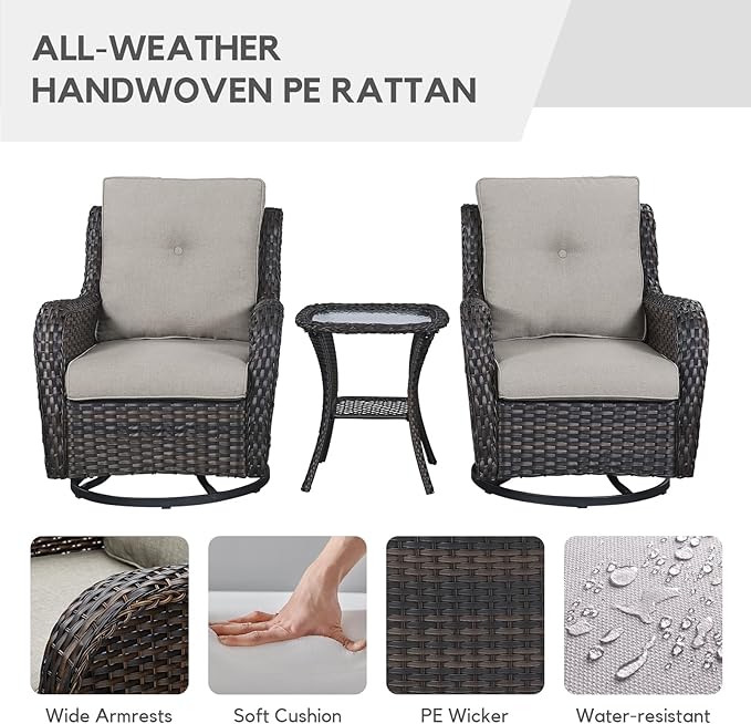 4 Pieces Patio Furniture Set with Fire Pit 50,000 BTU,Outdoor Swivel Rocker Chairs Set of 2 with PE Rattan Side Table,Wicker Outdoor Conversation Set with Rocking Chairs