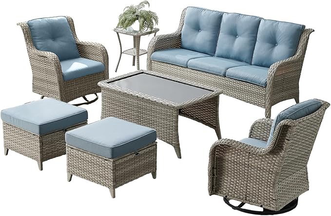 Wicker Rattan Patio Furniture Set - 7 Pieces Outdoor Couch with Swivel Chairs, Ottomans and Coffee Table for Deck, Poolside, Backyard - Light Grey/Light Blue