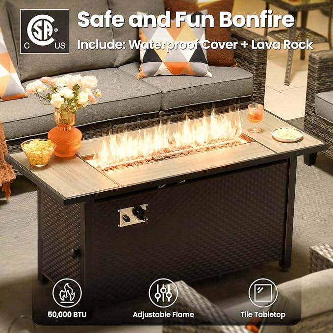 ovios 10 Pieces Patio Furniture Set with Swivel Chairs Rocking Gliders, 54" Fire Pit Table, Outdoor Sofa Couch with Solar Lights Table, Modern Deep Seat Wicker Rattan Conversation Set, Dark Grey