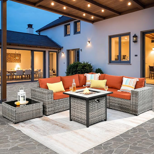 ovios 7 Pieces Patio Furniture Set, Outdoor Wicker Sectional Sofa with 30 Inch Fire Pit Table Comfy Cushions, Modern Modular Deep Seat Rattan Couch Conversation Set, Orange Red