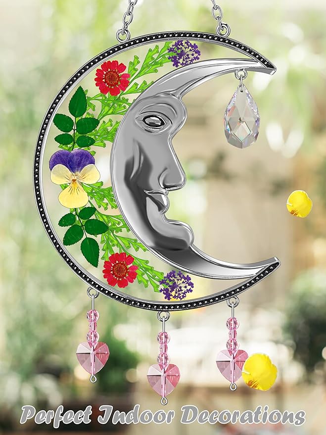 KY&BOSAM Crystal Sun Face Moon Suncatchers Gifts for Mom Family Friends Stained Glass for Windows Wind Chimes Real Flower Colorful Crystal Outdoor for Garden Indoor Home Trees Patio Yard Porch Decor