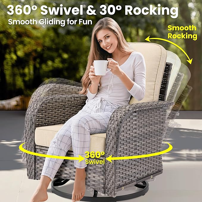 ovios 5 Pieces Patio Furniture Set, Outdoor Wicker Sofa Couch with Rocking Swivel Chairs Solar Lights Table, Modern Deep Seat Rattan Conversation Sets for Porch Deck, Beige