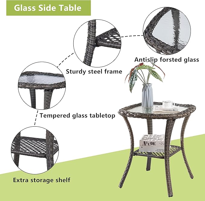 Outdoor Patio Swivel Rocker Chairs Set of 2, Waterproof Wicker, High Back, Deep Seating, Wide Armrest, Upgraded 6 inch Thick Cushions, Side Table, Ideal for Deck Porch Yard, Mixed Grey-Blue