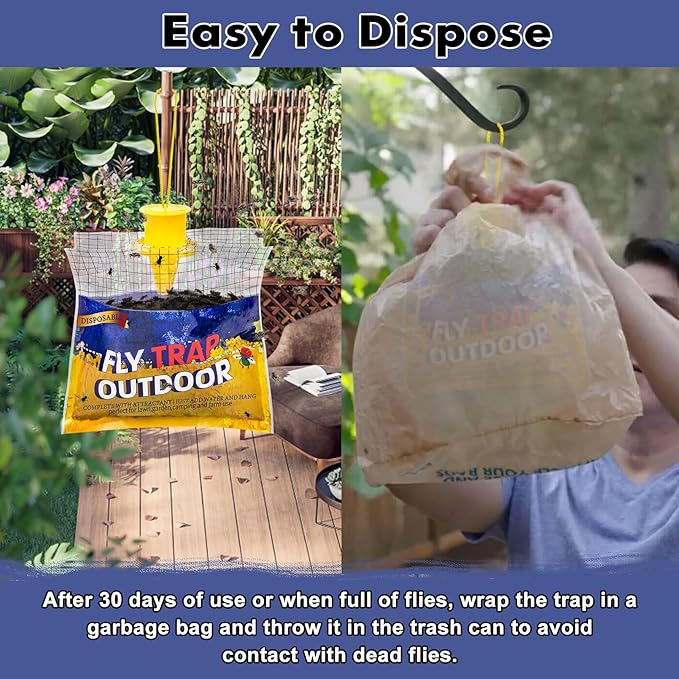 Disposable Fly Traps 6 Pack Big Bags Outdoor, Flies Catcher Traps with Natural Pre-Bait Refill Repellent, Stable Horse Ranch Trapper Outdoor Hanging Fly Killer Helps Control Flies