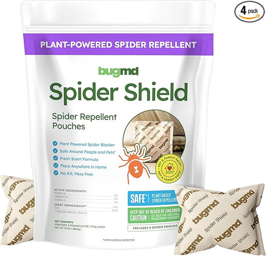 BugMD Spider Shield Repellent Pouches | Plant-Based Indoor & Outdoor Spider Repellent | Safe for Pets & Family | Natural Citronella, Rosemary & Lemongrass Oils | Long-Lasting Spider Protection
