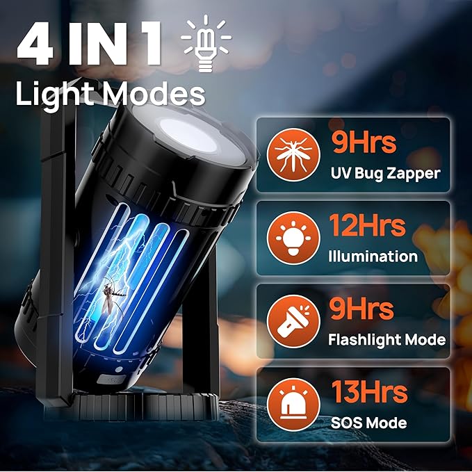 Cordless Outdoor Bug Zapper - Integrated with a 4-in-1 Mode Light, Battery-Powered Rechargeable Mosquito Lamp, Insect Trap, Up to 12 Hours of Battery Life, Black