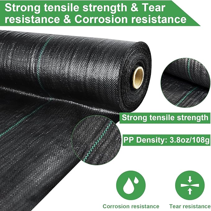 mupera Heavy Duty Weed Barrier Fabric - 4ft x 300ft Professional Grade Landscape Fabric, UV-Resistant 3.8oz Woven PP Ground Cover for Garden & Lawn, Commercial Strength Weed Control (Black)
