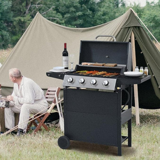 BBQ Grill, 4-Burner Stainless Steel BBQ Grill, 34,000 BTU with Shelves, Lid, Wheels, & Bottle Opener – Portable Outdoor Patio Grill for Backyard & Garden