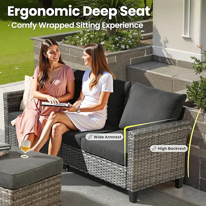 ovios Patio Furniture Set, 6 Pieces Outdoor Wicker Sofa Couch with Loveseat, Ottomans and Comfy Cushions, All Weather High Back Rattan Conversation Set, Black