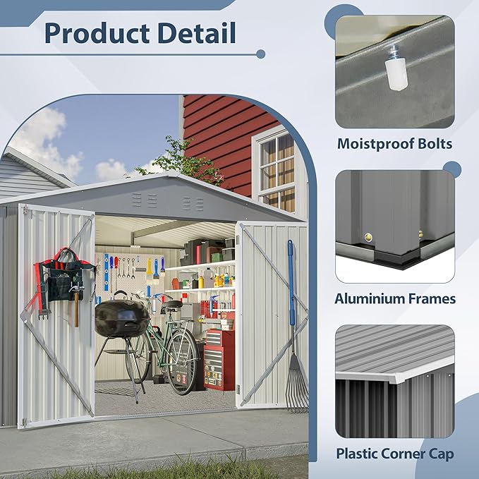 10X8 FT Outdoor Storage Shed, All Weather Metal Sheds with Lockable Doors, Tool Shed for Garden, Patio, Backyard, Lawn (Grey, 10x8ft)