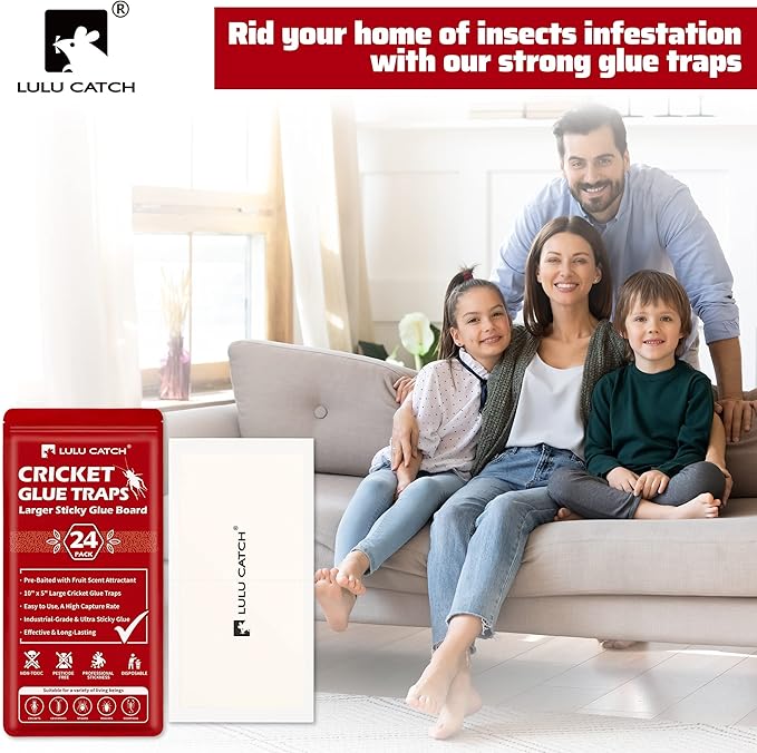 LULUCATCH Cricket & Insect Glue Traps 24 Pack, Adhesive Bug Catcher, Pre-Baited Spider Scorpion Trap, Non-Toxic Glue Boards Indoor for Home Catching Bugs,Small Mice & Rodents, Pet Safe Pest Control