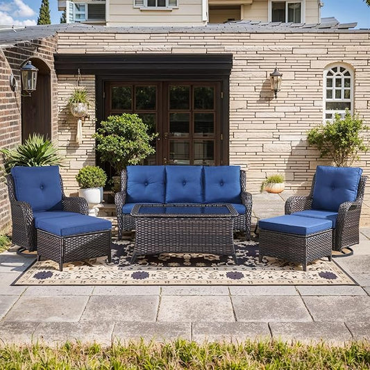 Wicker Outdoor Conversation Set-6 Pieces Outdoor Wicker High Back Couch with Swivel Rocker Chairs Patio Furniture for Deck Poolside Backyard-Brown/Blue