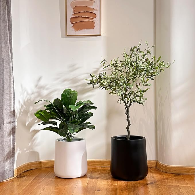 14" H x 13.7" D Conico Fiberstone Round Planter with Drainage Hole, Smooth Finishes, Weather Resistant for Indoor and Outdoor Use, Included 2 Extra Coco Mats (Taupe, 10.6" Pot Opening)