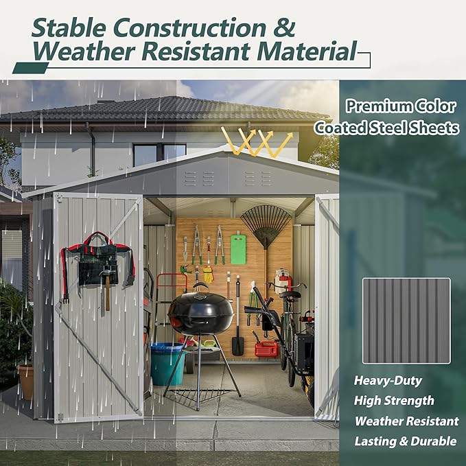 10X8 FT Outdoor Storage Shed, All Weather Metal Sheds with Lockable Doors, Tool Shed for Garden, Patio, Backyard, Lawn (Grey, 10x10ft)