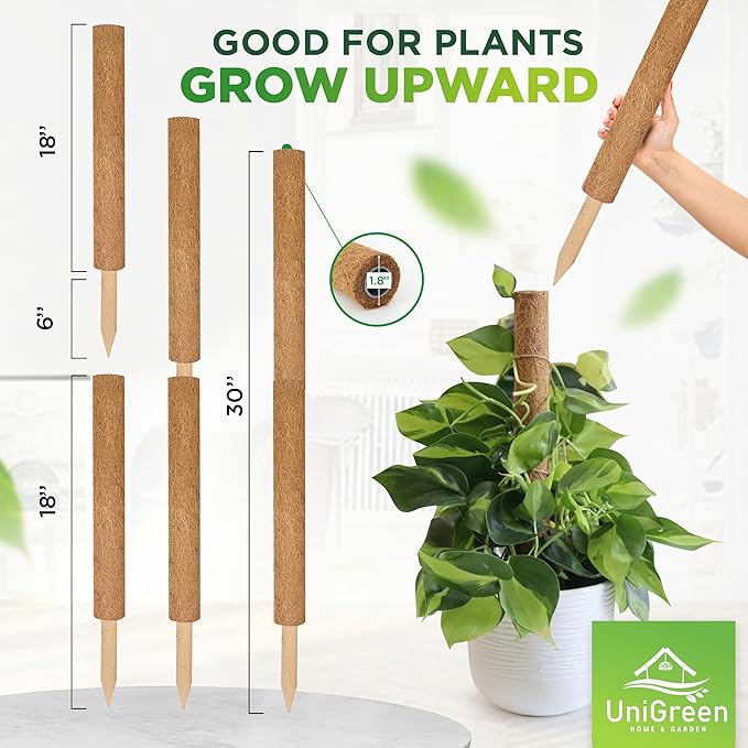 UNIGREEN Premium Moss Pole, Coir Totem Poles for Indoor Plants, Moss Sticks, Garden Ties - Support and Train Creepers and Climbing Plants (4Pack 18'' (Stackable))