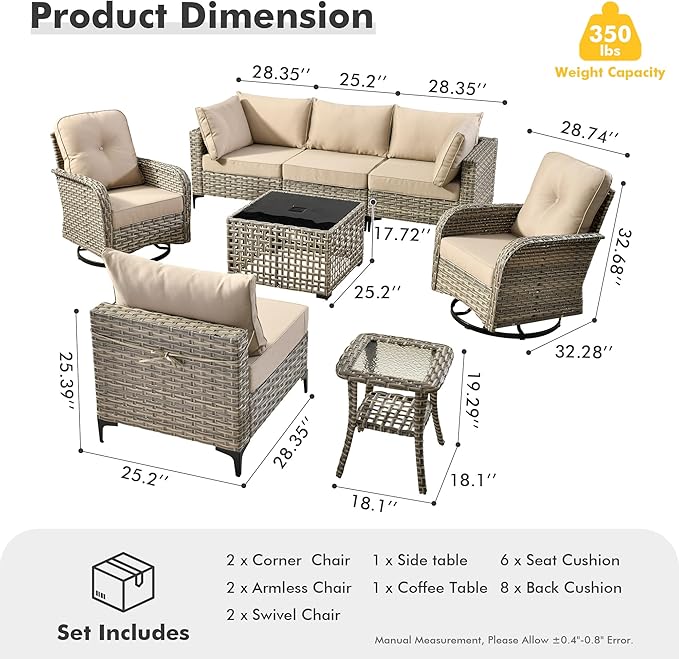 HOOOWOOO Outdoor Patio Furniture Set,8 Pieces Wicker Out Door Sectional Furniture L Shaped Couch,Patio Conversation Sets with Swivel Rocking Chair LED Table,Beige