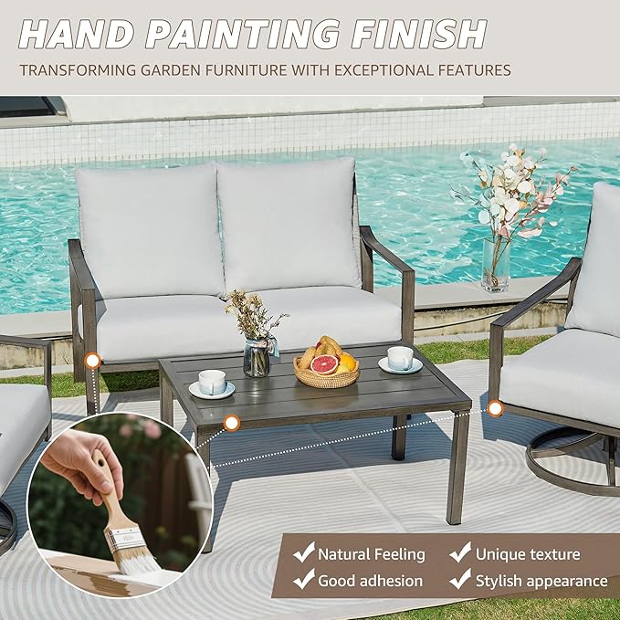 NATURAL EXPRESSIONS 4 Pieces Patio Furniture Sets, Modern Metal Outdoor Conversation Sets with High Back All Weather Hand-Woven Rope Rocking Swivel Chairs, Loveseat, Metal Table, 5.5" Thick Cushions
