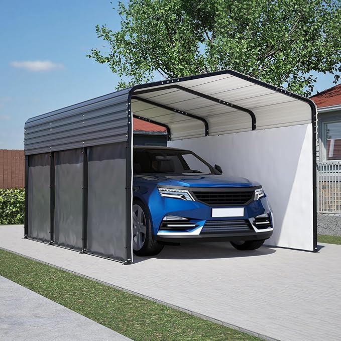 Metal Carport Kit 10x15 FT Heavy Duty Galvanized Garage Shed for Car Truck Boat Outdoor All Weather Sunshade Canopy Tent Car Shelter with Tarpaulin Sidewalls Enhanced Base Sloped Top