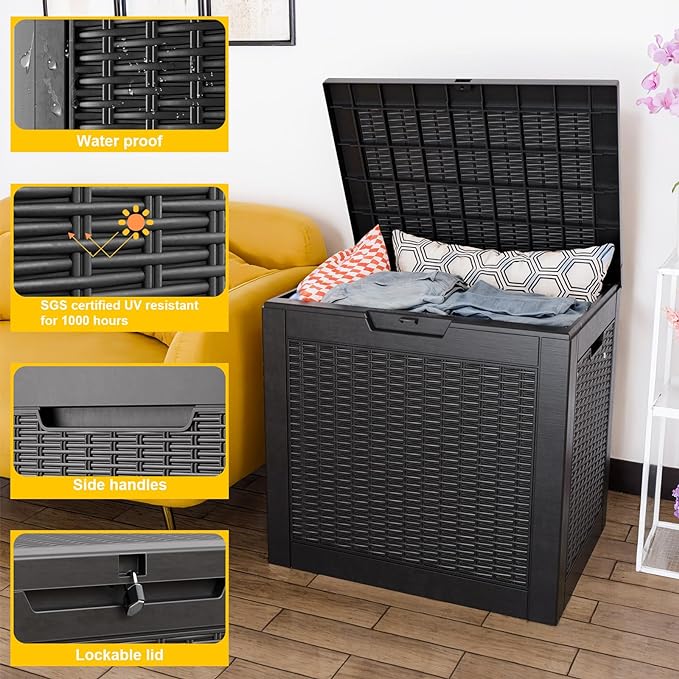 DRATO 31 Gallon Deck Box, Outdoor Storage Box for Patio Cushion, Sports Equipment, Garden Tools, Waterproof Resin Storage Box (Black)