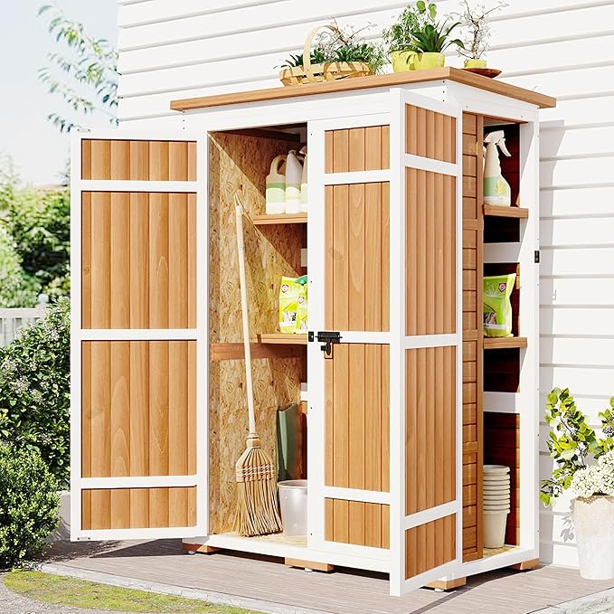 Harper & Bright Designs Outdoor Storage Cabinet Wood & Metal Garden Shed with Waterproof Roof and Sturdy Lockable Doors 59", Natural
