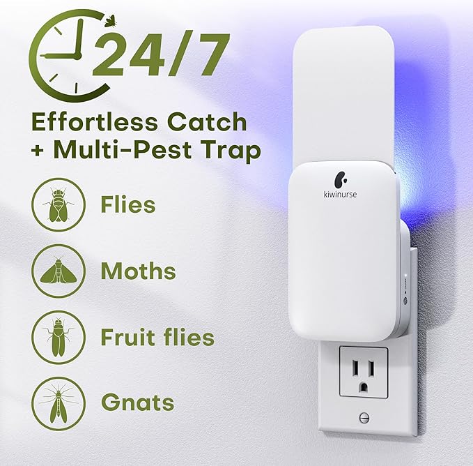 Flying Insect Trap Indoor - Plug-in Fly Catcher and Killers Includes Refills for House Flies, Fruit Flies, Gnats,Cover up to 800 ft², Without Night Mode, Off-White, 1 Traps + 1 Refills